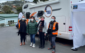 Kahungunu Whānau Services’ Rochelle Gibbs, CEO Ali Hamlin-Paenga, Strathmore Park Community Centre manager Fiona Prestidge, and Kahungunu Whānau services’ Dominic Blake were operating a mobile vaccination clinic called Waka Ora at Strathmore Park Community Centre yesterday.