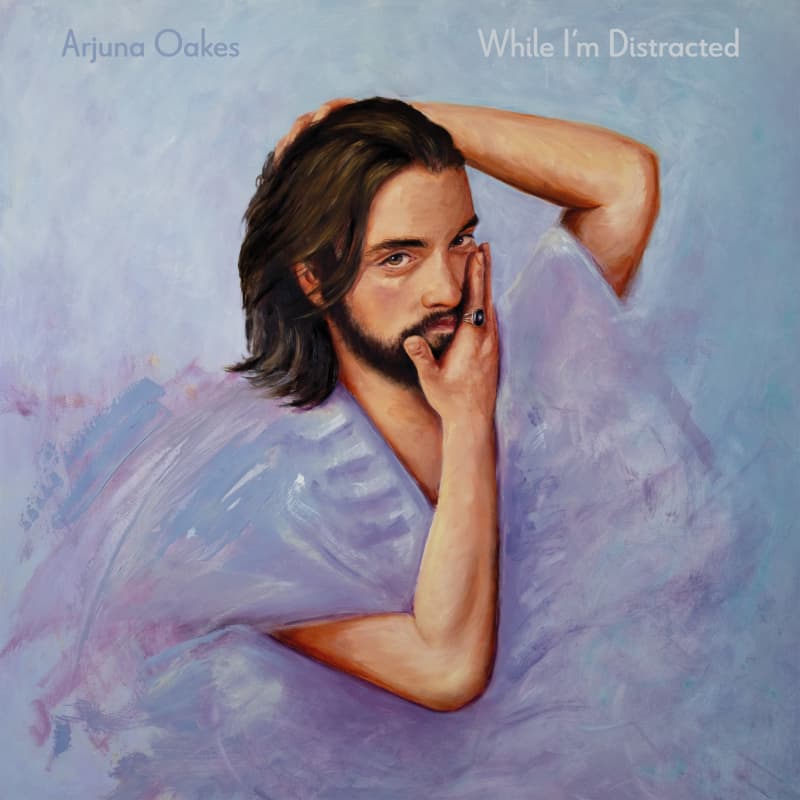 A painted album cover featuring a man in a lilac shirt, posing in front of a pastel blue wash.