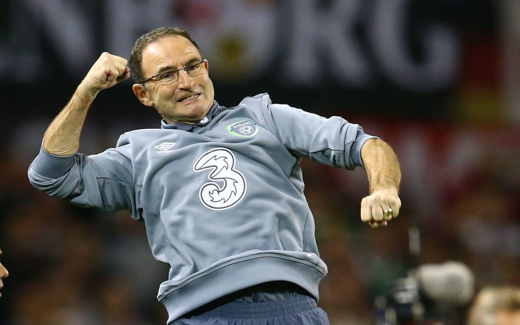 Ireland football manager Martin O'Neill celebrates win over Germany 2015.