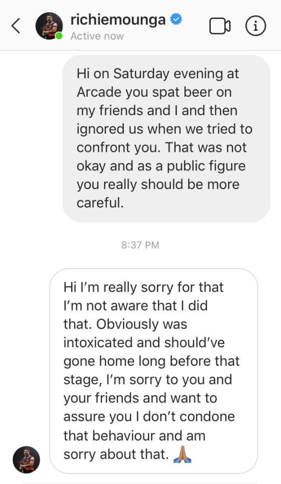 A screen shot of what a woman says was an exchange on Instagram with Crusaders rugby player Richie Mo'unga after she says he spat on her.