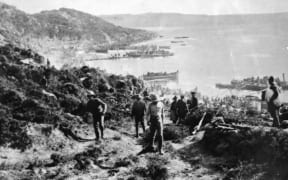 New Zealand and Australian soldiers landing at Anzac Cove, Gallipoli, Turkey