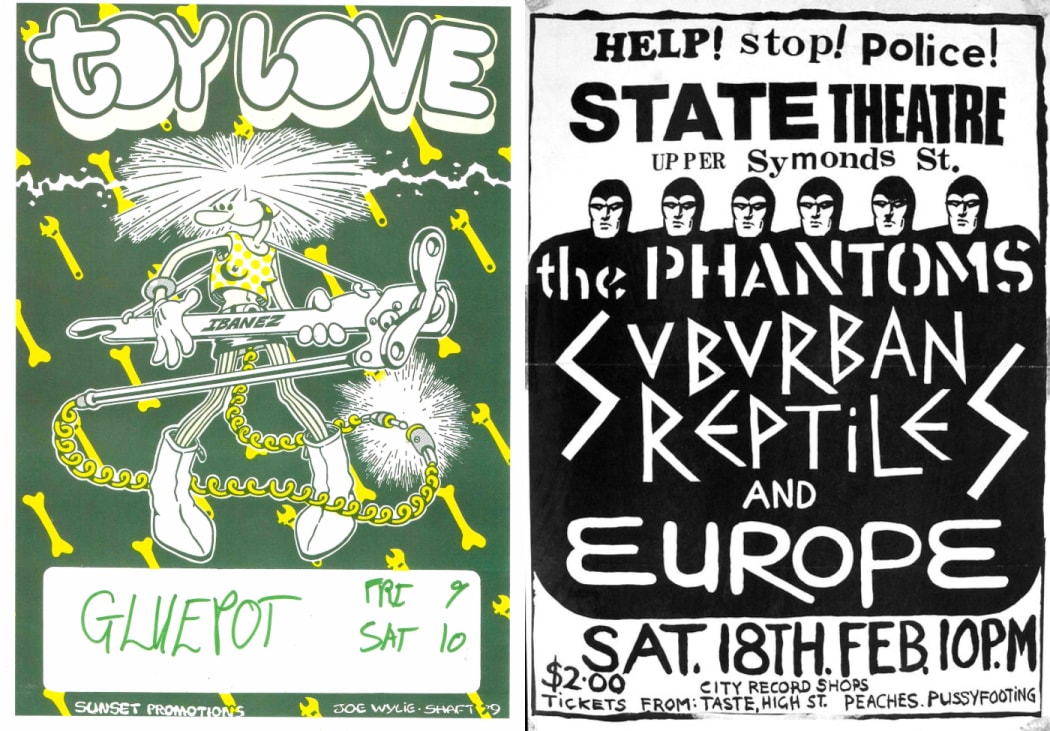 Poster art for Toy Love at Auckland's Gluepot, and a punk and new wave concert at Auckland' State Theatre