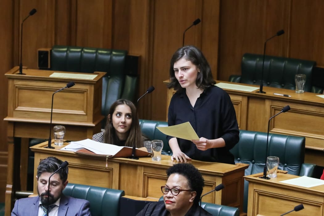Green MP Chloe Swarbrick asks a question watched by her colleague Golriz Ghahraman