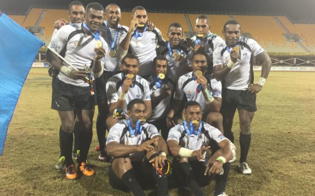 Fiji mens 7s team at the Pacific Games in PNG.