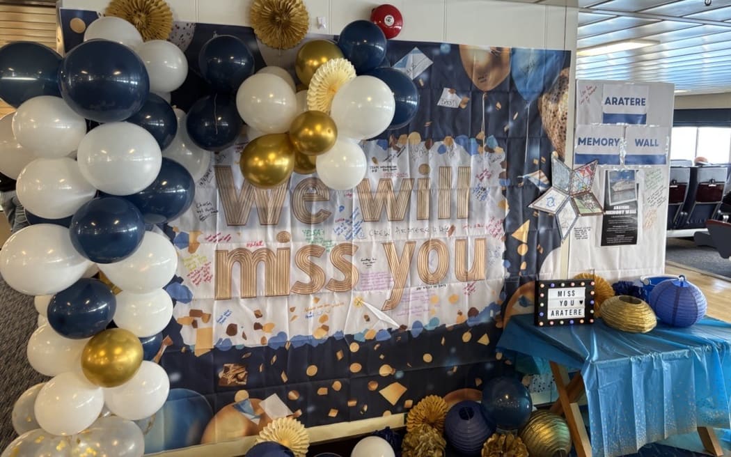 Memory wall on the KiwiRail Cook Strait ferry Aratere, on the vessel's final sailing from Picton to Wellington, 18 August 2025.