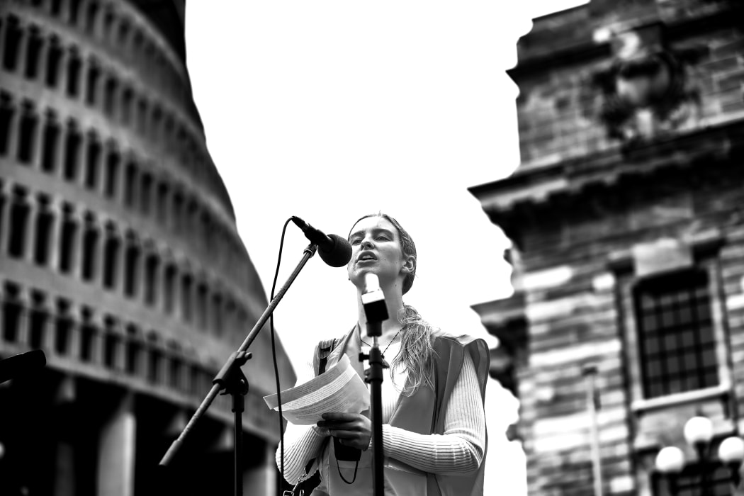 A speaker at the Climate Strike at Parliament April 2021