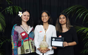 L - R: Ayla Brockes, Alena Lui, and Nazihah Buksh of Pacific Vision Aotearoa Food Gang, winner of the Rangatahi leadership - Rangatahi, rangawhenua, rangatangata award.