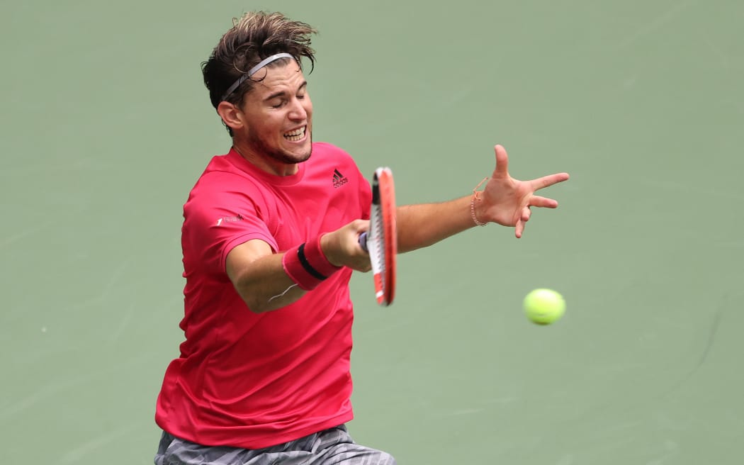 Dominic Thiem of Austria returns the ball in the second set during his US Open men's singles final match against and Alexander Zverev of Germany.