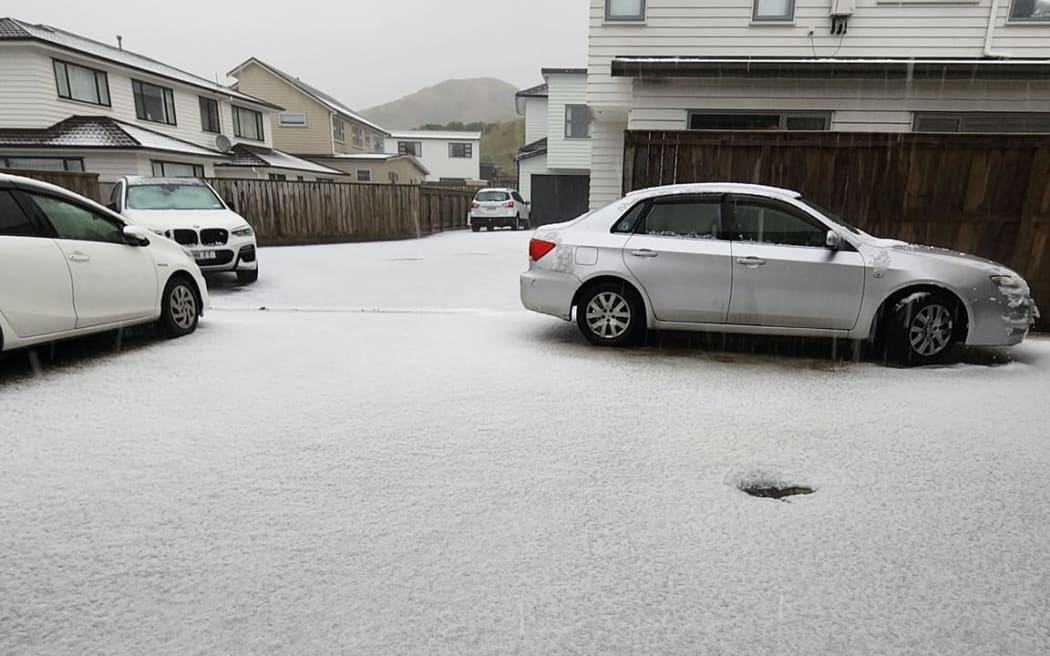 A large dumping of hail in the Wellington suburb of Johnsonville. Kevin Qin says the hail has stopped now but it is raining heavily. Photos credited to Kevin Qin.
