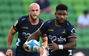 Timoci Tavatavanawai, right, and Hugh Renton in action during the Super Rugby Pacific Round 2 match between the Highlanders and the Blues at AAMI Park in Melbourne, 1 March, 2024.