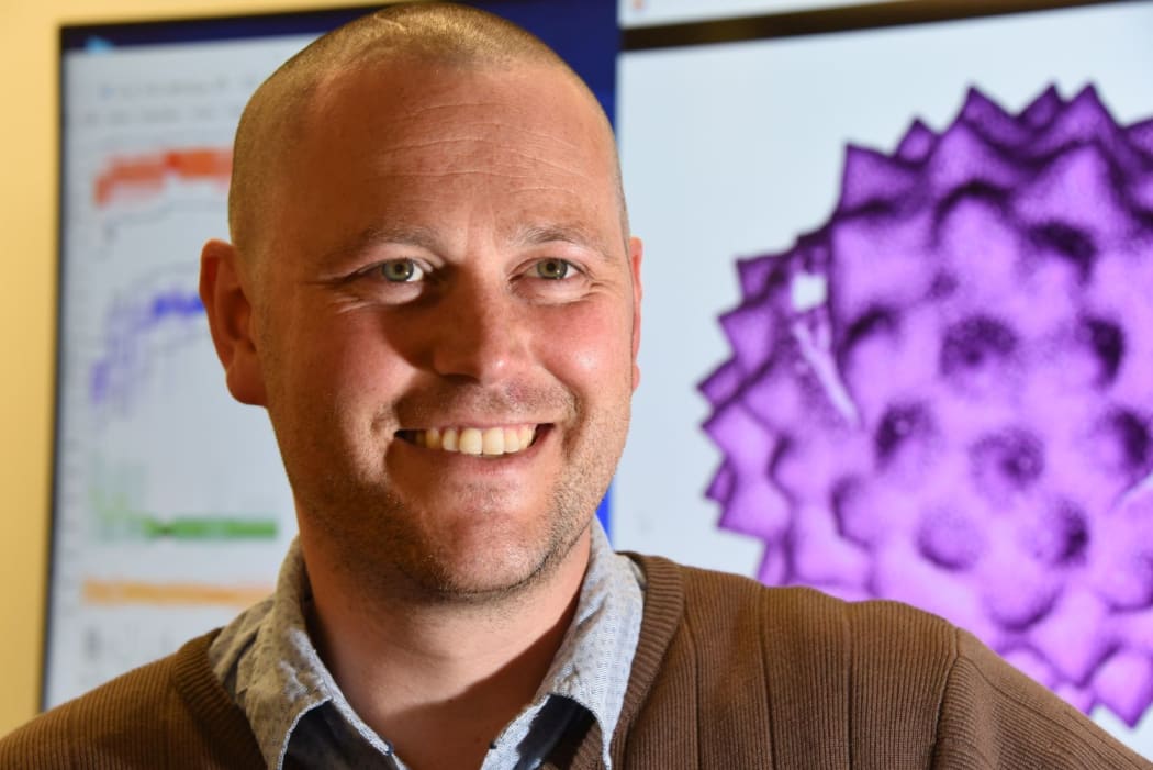 Palynologist Joe Prebble, of GNS Science, standing in front of a false-colour scanning electron microscope image of a pollen of the daisy family.