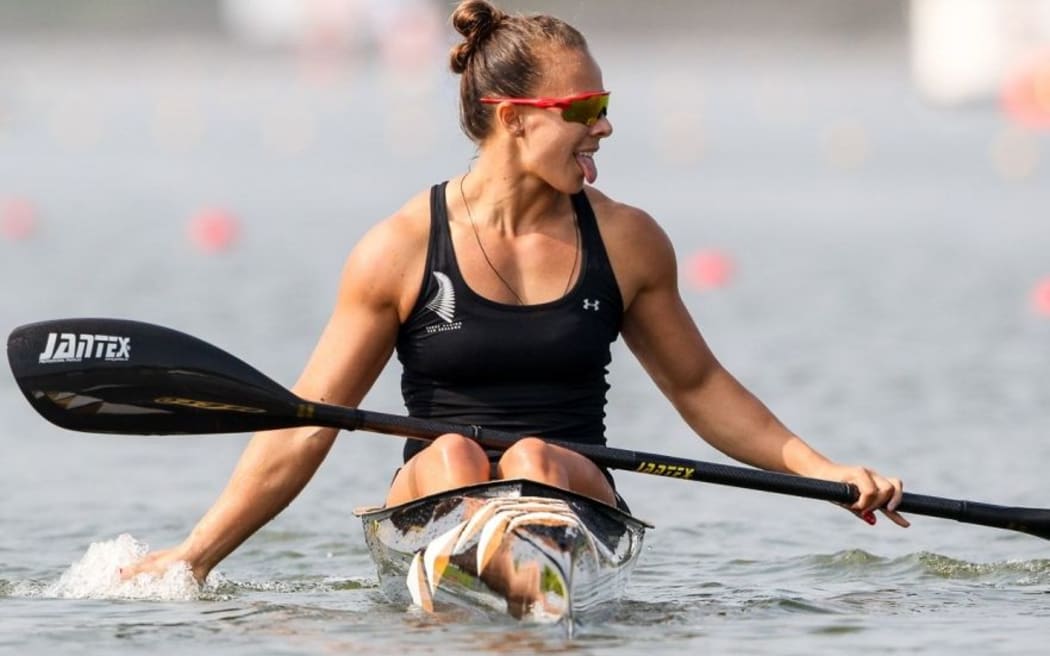 Lisa Carrington crosses the line first in the K1 200m at the world champs in the Czech Republic.