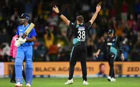 New Zealand bowler Tim Southee celebrates a hat-trick against India, Bay Oval, 2022.