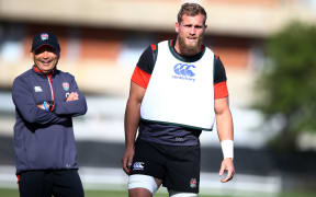 Brad Shields and England coach Eddie Jones.