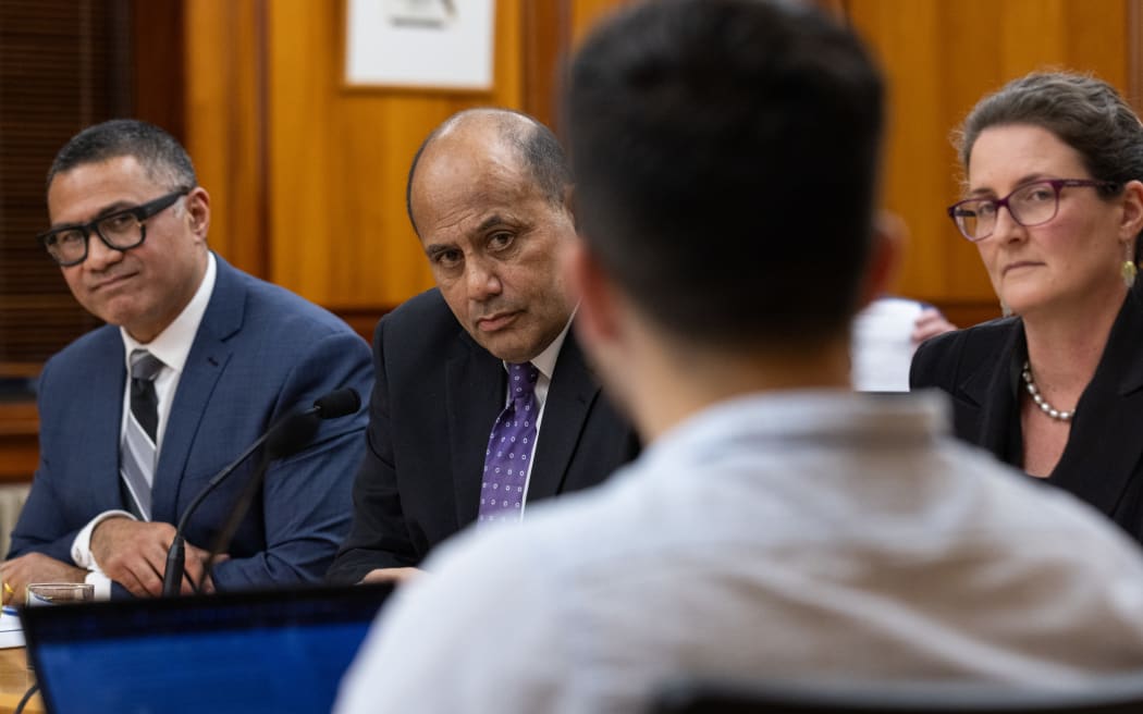 Willie Jackson and leaders from the Minister of Culture and Heritage listen to a question from Green MP Ricardo Menendez March during the Estimates Hearings 2023. The MCH officials are CE Laula Mac Leauanae and DCE Emily Fabling.
