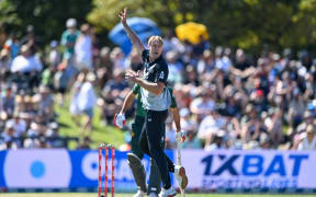 Black Caps bowler Kyle Jamieson appeals for a wicket during the first T20 against Pakistan at Hagley Oval, Christchurch, 16 March.