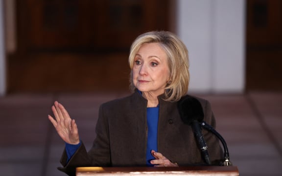 Former US Secretary of State Hillary Clinton speaks to the press after her a deposition with the House Oversight Committee as they investigate links to convicted sex offender Jeffrey Epstein, in Chappaqua, New York, on February 26, 2026.