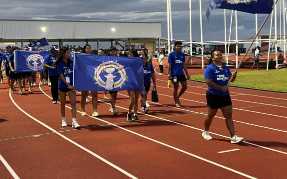 Team CNMI parades along the newly opened track field during the opening ceremony for the 10th Micronesian Games in Majuro Saturday, June 15, 2024
