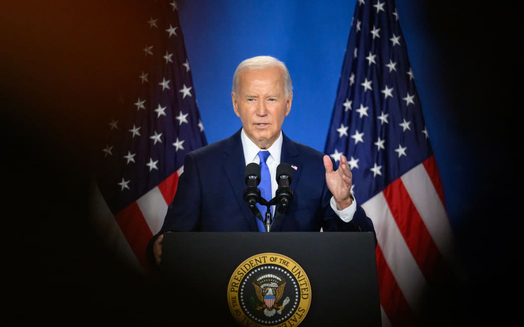 US President Joe Biden speaks during a press conference at the close of the 75th NATO Summit at the Walter E. Washington Convention Center in Washington, DC on July 11, 2024.