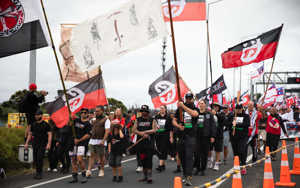 Flags fly in wind as marchers for the hīkoi mō te Tiriti walk across Auckland's Harbour Bridge
