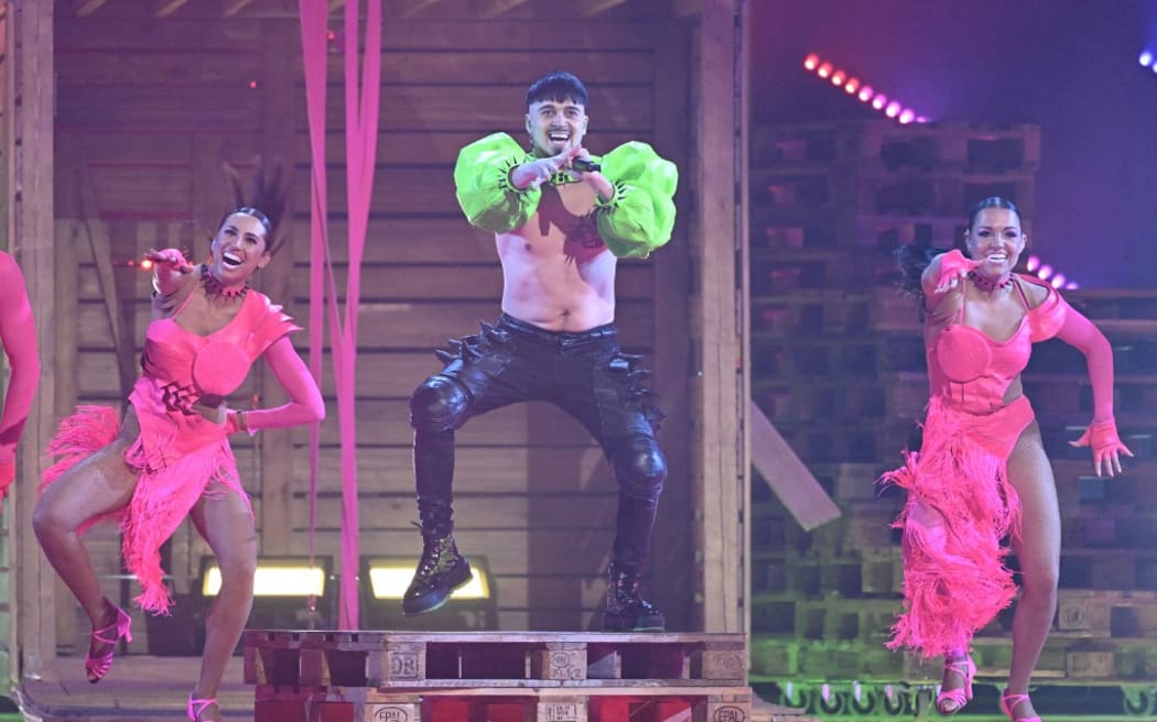 Rapper Kaarija performs on behalf of Finland during the final of the Eurovision Song contest 2023.