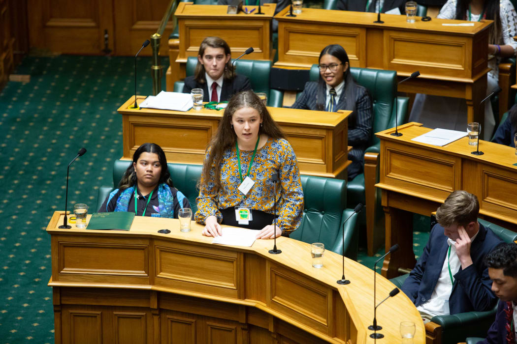 The 2019 Youth MP for James Shaw, Molly Doyle, speaks in the debating chamber at Youth Parliament.