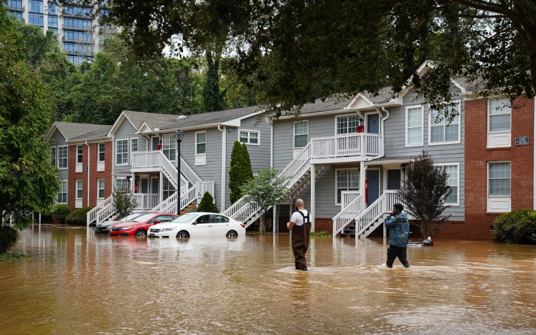An apartment at Peachtree Park Apartments can be seen flooded after hurricane Helene brought in heavy rains overnight on September 27, 2024 in Atlanta, Georgia. Hurricane Helene made landfall late Thursday night as a category 4 hurricane in the panhandle of Florida and is working its way north, it is now considered a tropical storm.