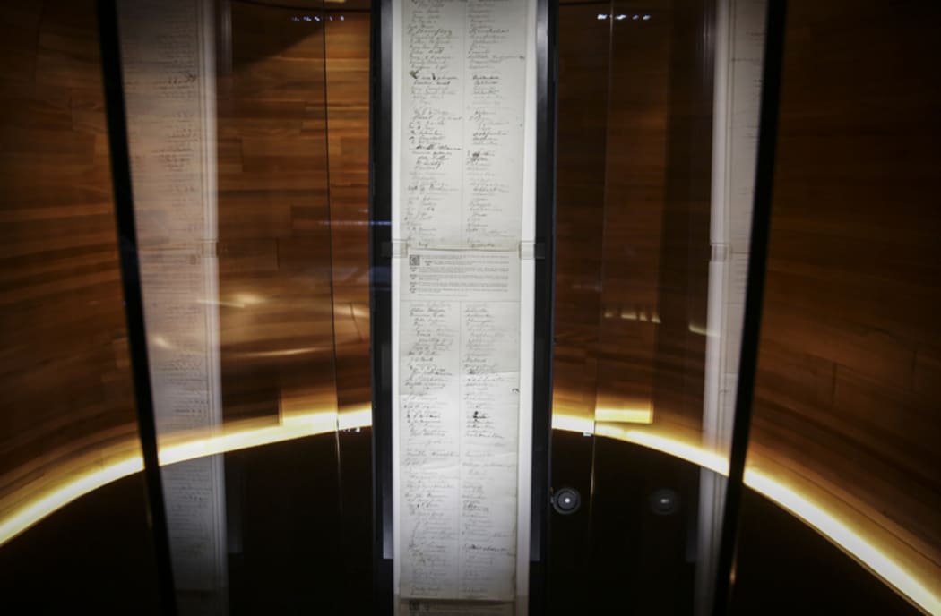 Women's Suffrage Petition, signed by about 24,000 New Zeland women. He Tohu, a new permanent exhibition of three iconic constitutional documents that shape Aotearoa New Zealand. Treaty of Waitangi, Declaration of Independence and Women's Suffrage Petition.