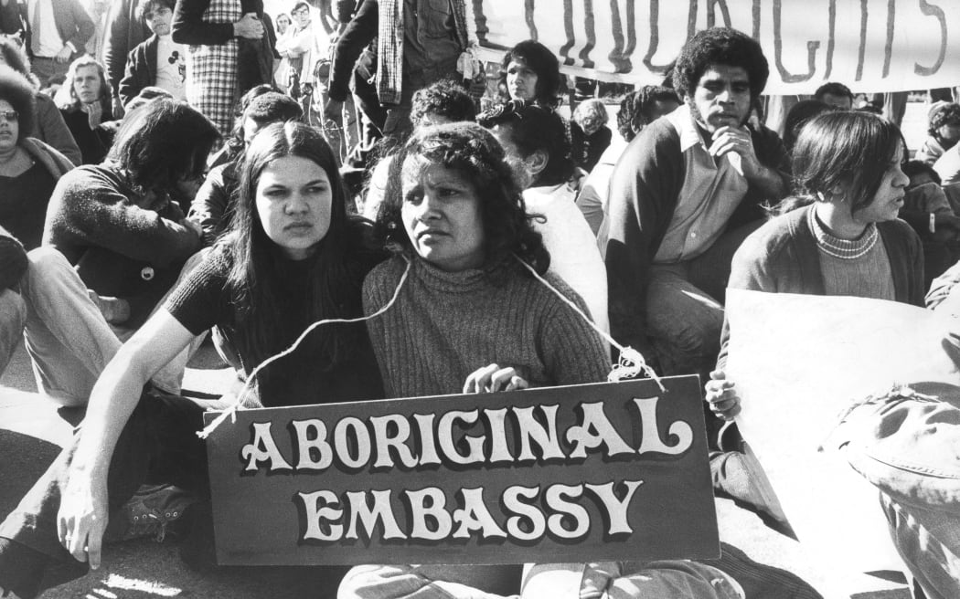 A demonstration at the Aboriginal tent embassy on the lawns of Parliament House in Canberra, 23 July 1972.