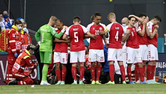 EURO 2020 football tournament group B match Finland versus Denmark at the Parken Stadium in Copenhagen. Christian Eriksen of Denmark collapses during the game and was given cardiac treatment before being taken to hospital.