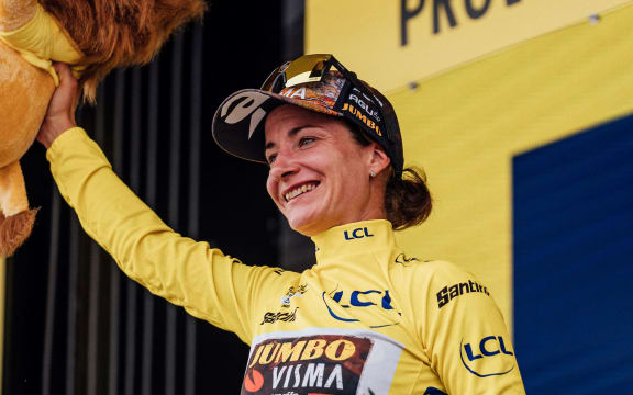 Marianne Vos, Jumbo Visma, wears the Tour de France yellow jersey