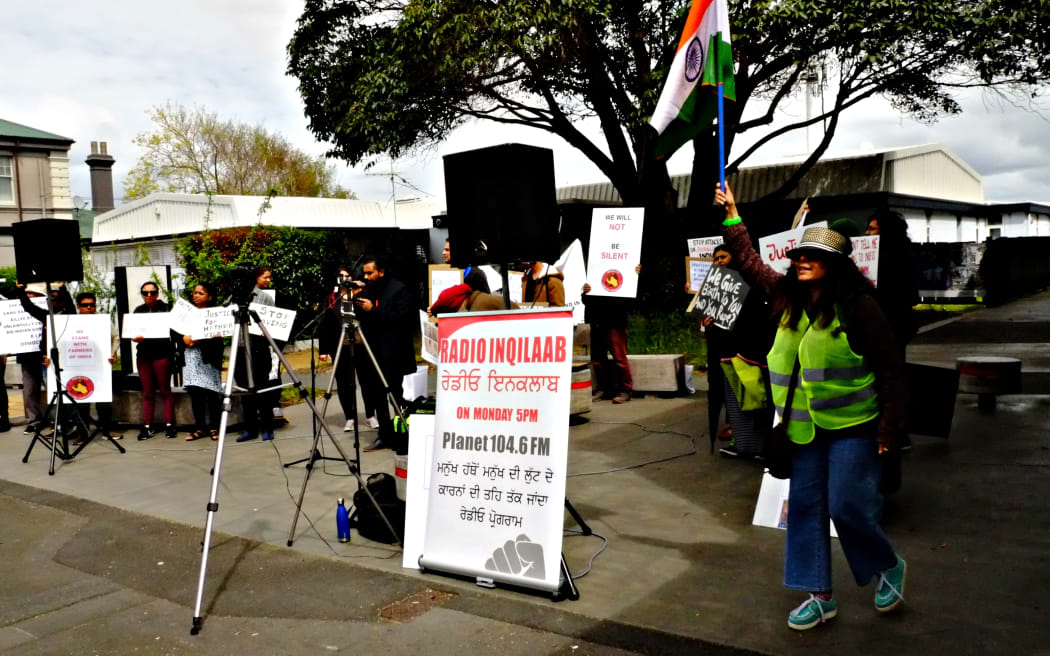 Samant attends a demonstration in October 2020 in Onehunga opposite the Consulate of India.