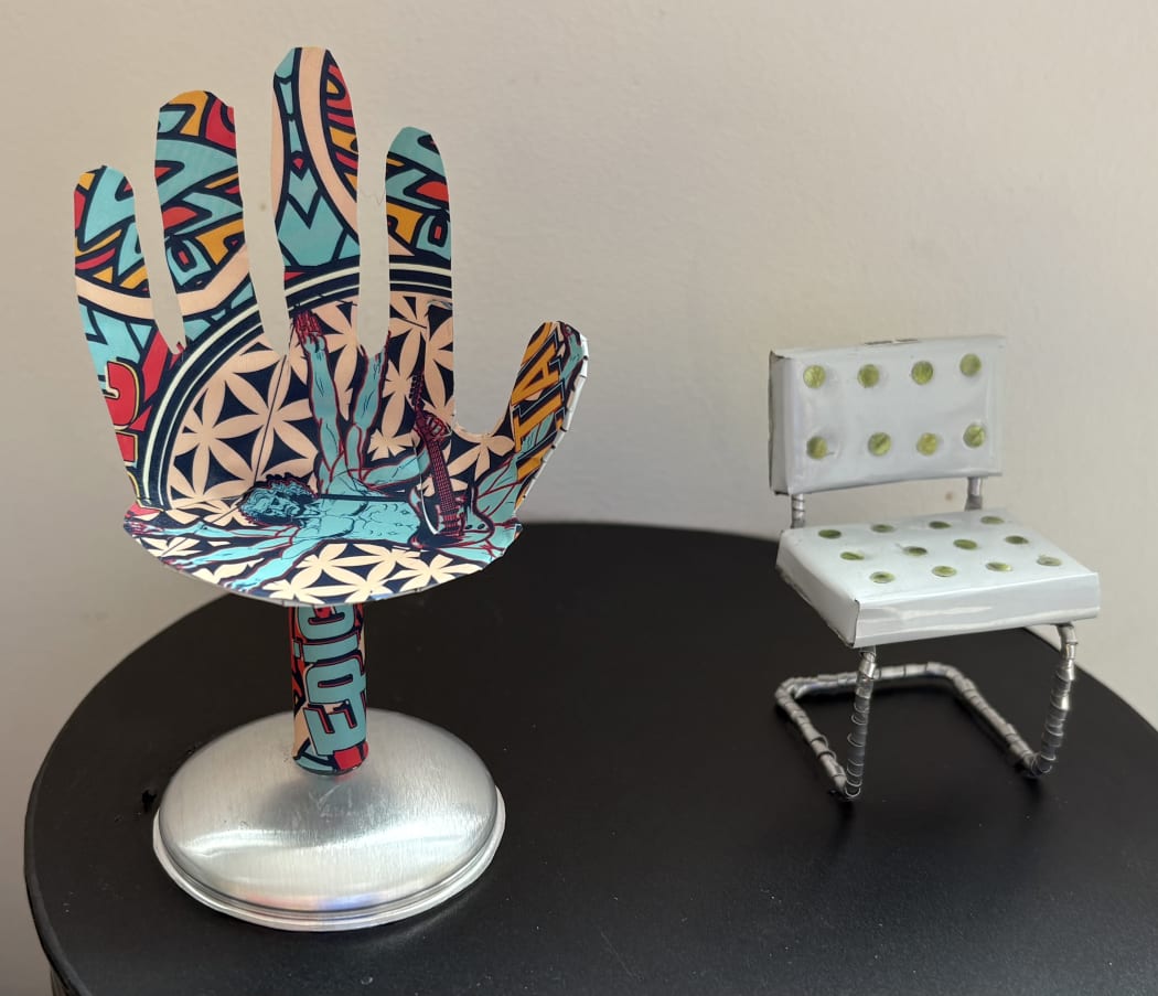 Two miniature "beer chairs" made by Fleur Stewart