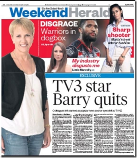 The front page of the Weekend Herald dominated by Hilary Barry quitting TV3.