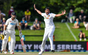 Kasun Rajitha of Sri Lanka appeals for a wicket Kane Williamson