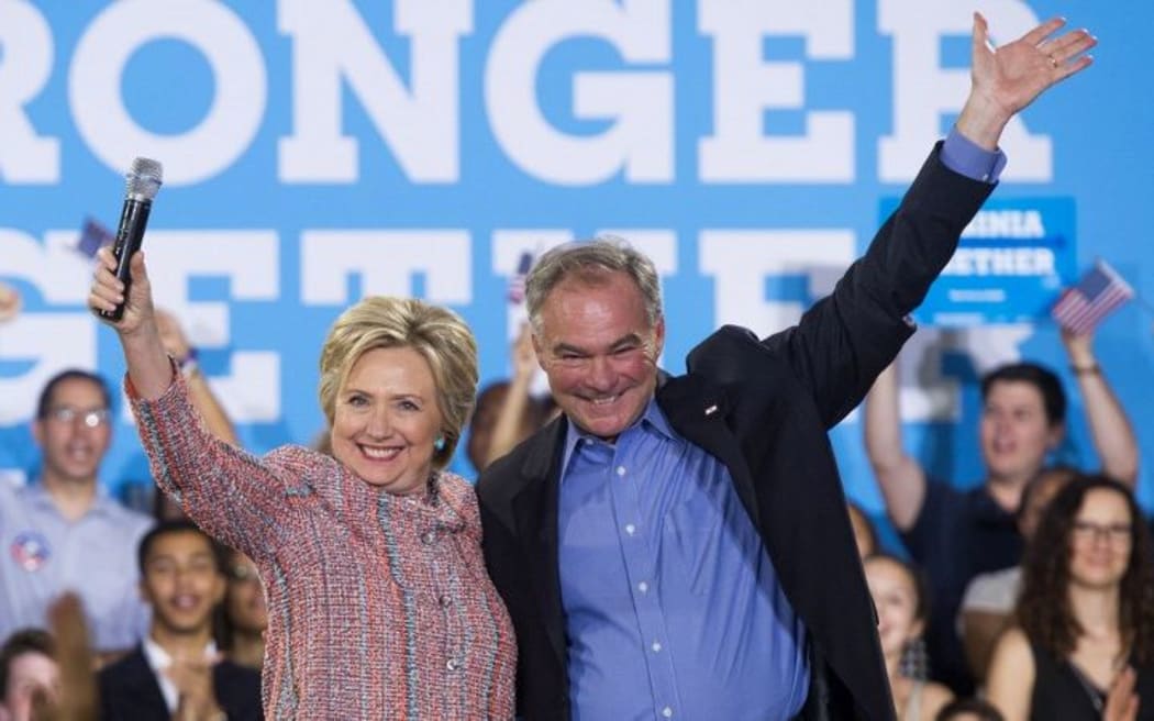 Hillary Clinton and Tim Kaine during a recent campaign rally at Ernst Community Cultural Center in Annandale, Virginia.