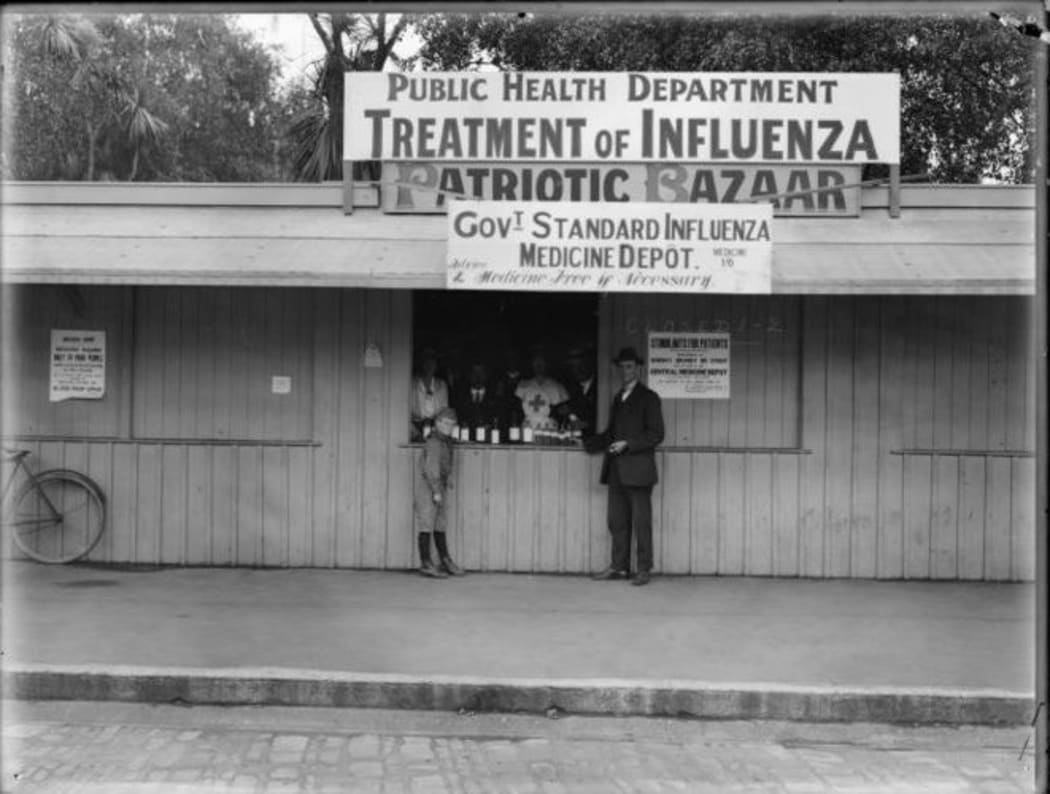 An influenza medicine depot in Christchurch for "poor" people. December 1918.