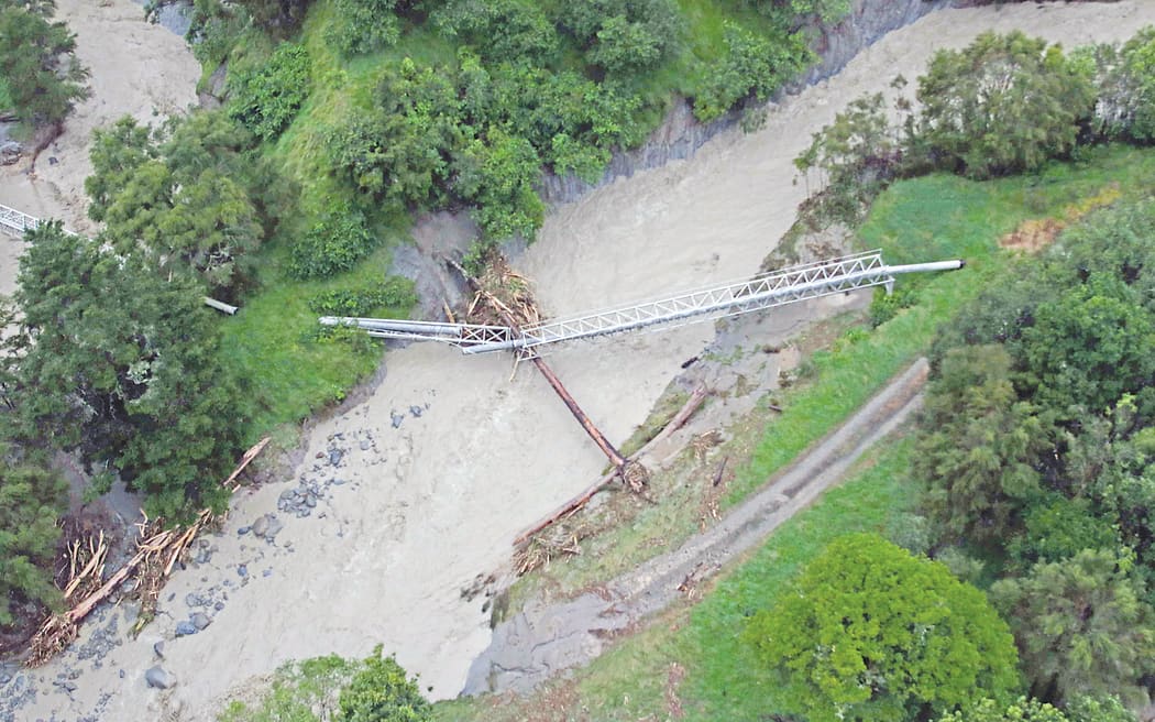 A birdseye view of damage to the city's water pipe from the Waingake Water Treatment Plant to Gisborne city, taken directly after the cyclone hit the region.