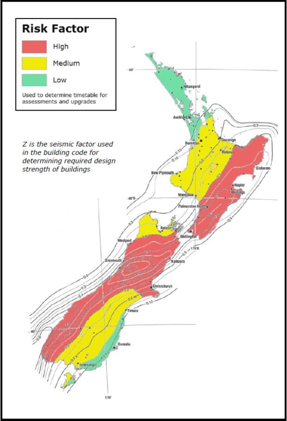 Map showing the three earthquake risk areas.