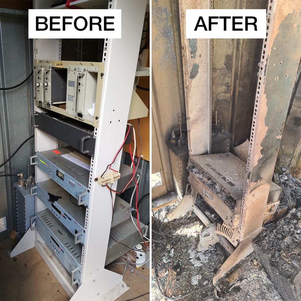 A composite image showing a before and after of a radio transmission tower interior. On the left, the before, showing a set of hard drives and computer parts arranged on a shelf. On the right, the after, the same shelf set has been charred and most of the contents are on the floor, in ash.