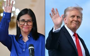 Venezuela's interim President Delcy Rodriguez waves after a press conference at the Miraflores Presidential Palace in Caracas on January 14, 2026, and US President Donald Trump waves as he boards Air Force One at Joint Base Andrews, Maryland, on September 11, 2025.
