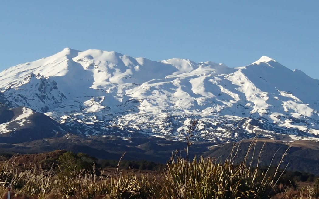 Mount Ruapehu, seen from the road leading up to the Whakapapa Village, on a fine sunny day.