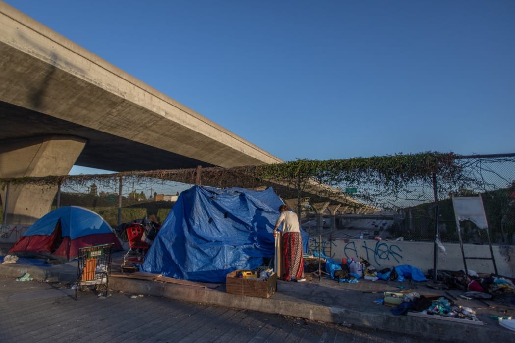 Nicole (last name not given) 40 years-old, fixes her tent over the bridge of the 110 Freeway, Los Angeles.