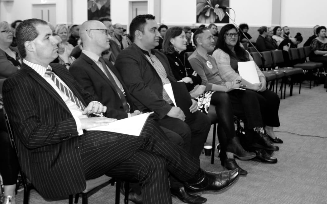 Politicians at the Mental Health & Addictions Forum held in Auckland last week. From left: Jami-Lee Ross (National), David Clark (Labour), Julian Paul (NZ First), Julie Anne Genter (Greens), Mika Haka (TOP,) Cinnamon Whitlock (Māori Party).