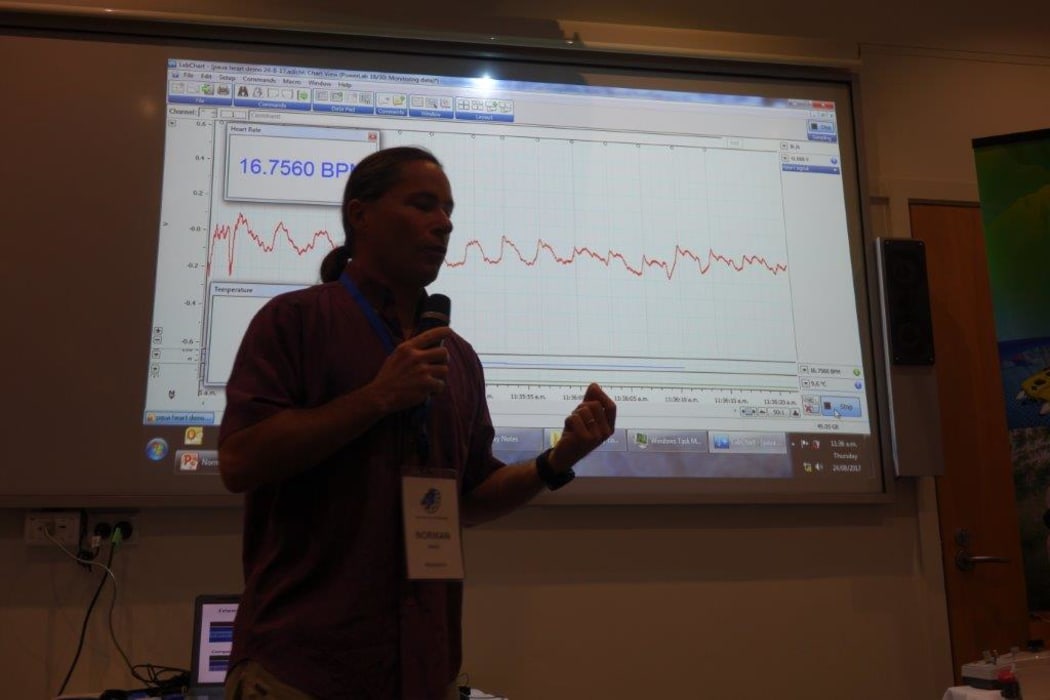 Dr Norman Ragg showing a graph of pāua's heartbeat.