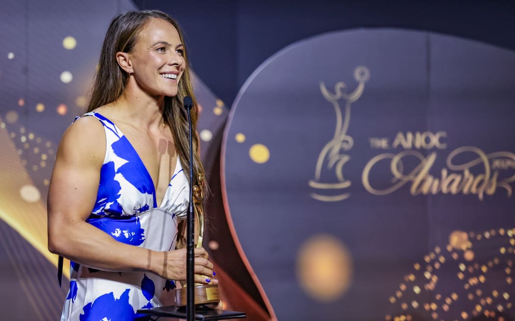 Dame Lisa Carrington accepts the ANOC Outstanding Sporting Career Award.