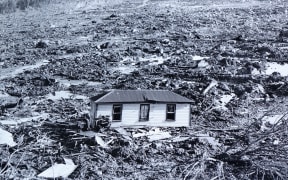 Morel’s house destroyed by Busch’s Slip in Matakitaki Valley, after the Murchison earthquake 1929.