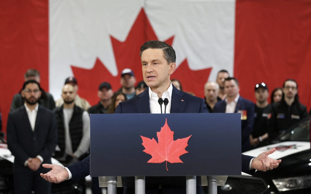 Canadian Conservative leader Pierre Poilievre speaks during a campaign event on 12 April, 2025, in Ottawa, Canada.