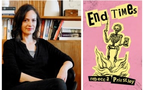 Rebecca Priestley and the cover of her book End Times