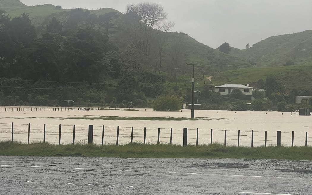 Flooding on farmland at the base of the Awakino Gorge on Tuesday 14 October 2025.